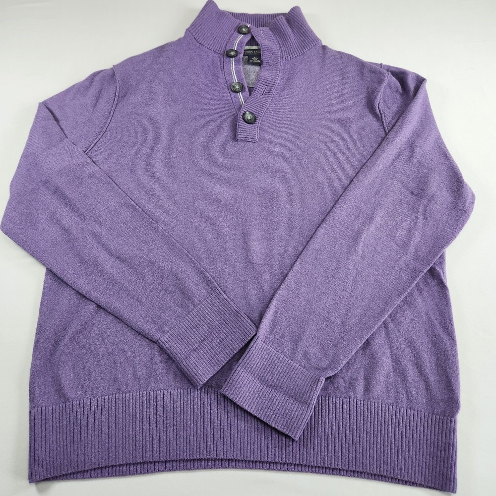 Banana Republic Cotton Cashmere Button Mock Neck Sweater Men L Purple Pullover